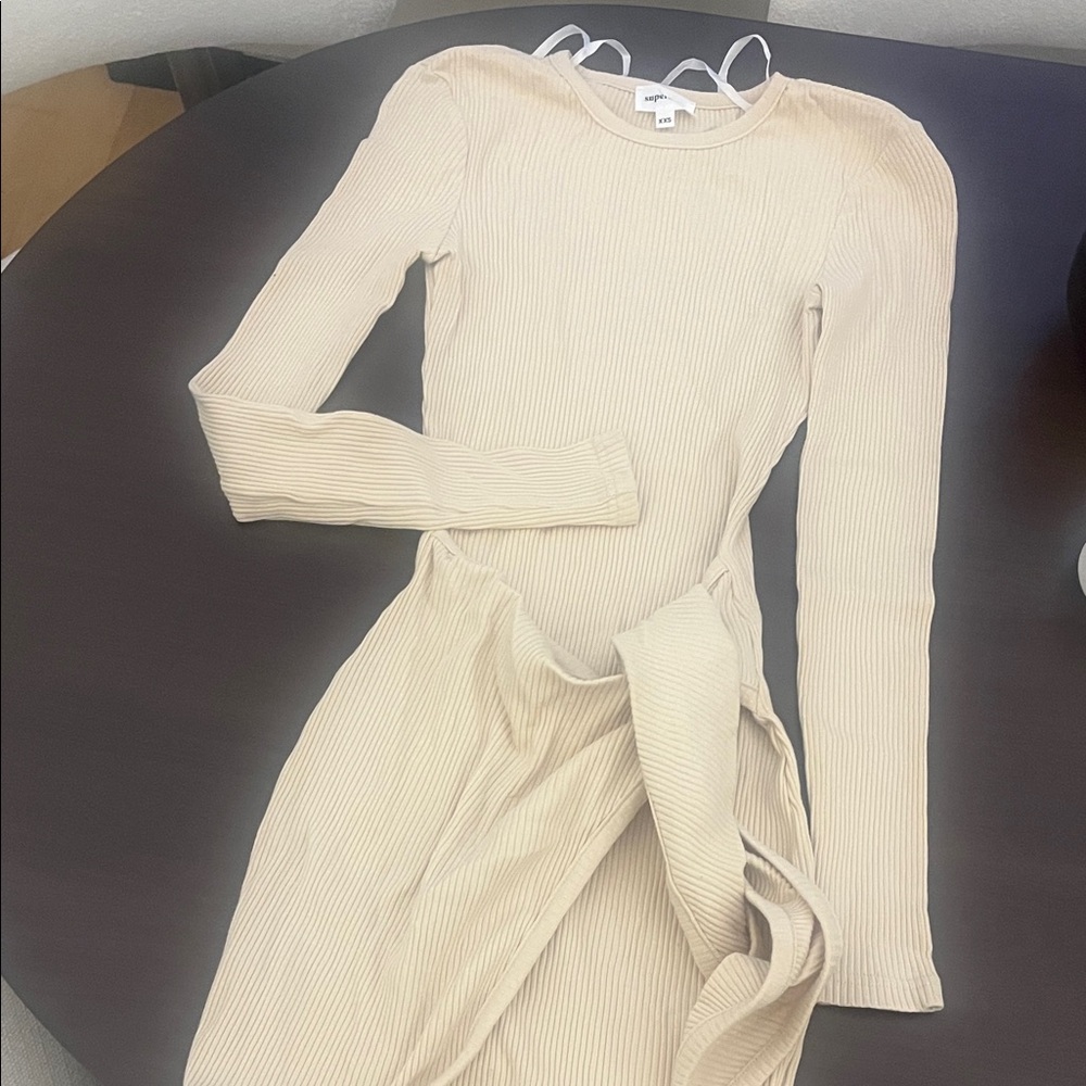 Superdown Cream Ribbed Long Sleeve Dress